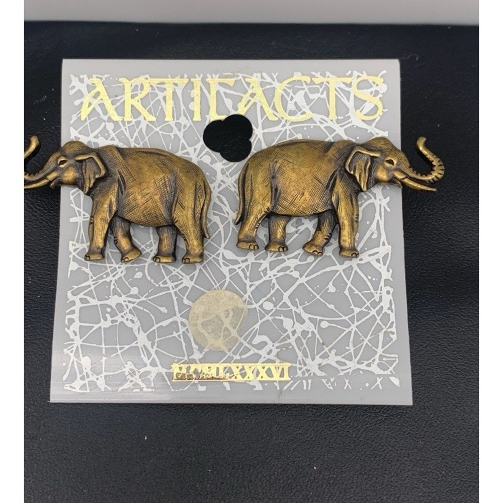 Vintage JJ Jonette Jewelry Brass Tone Elephant Pierced Earrings